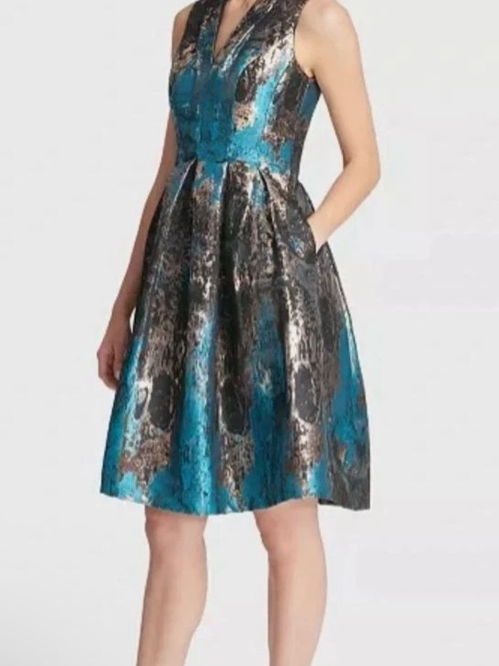 Vince Camuto Teal, Navy & Gold Metallic Jacquard Fit-and-Flare Dress Size 4